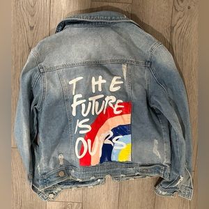 GB girls Distressed Vintage Denim Jacket Rainbow embellished sz L